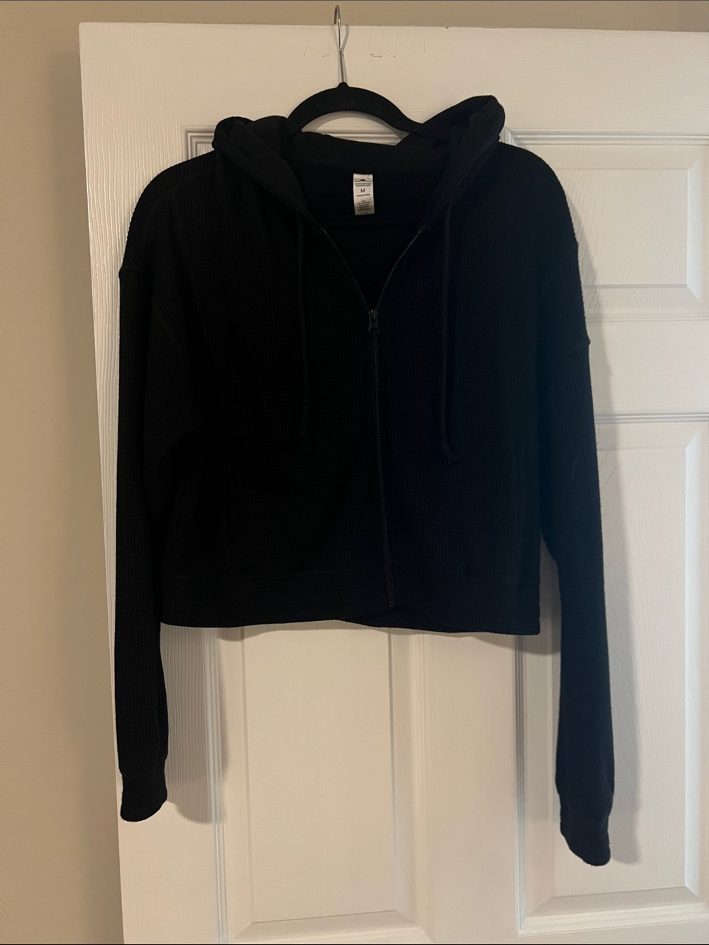 Yogalicious Black Cropped Waffle-Knit Zip Hoodie